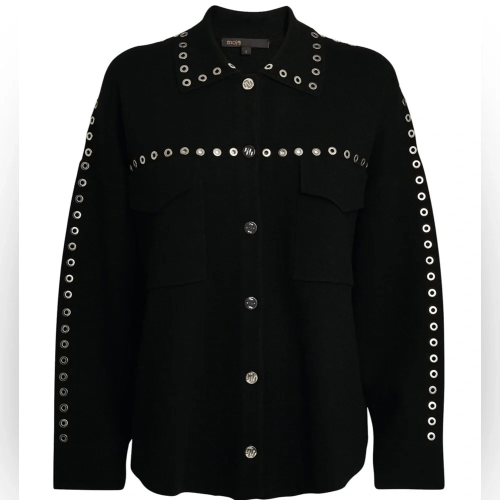 MAJE Knitted Eyelet Black Oversized Over Shirt with Silver Hardware Size: 2